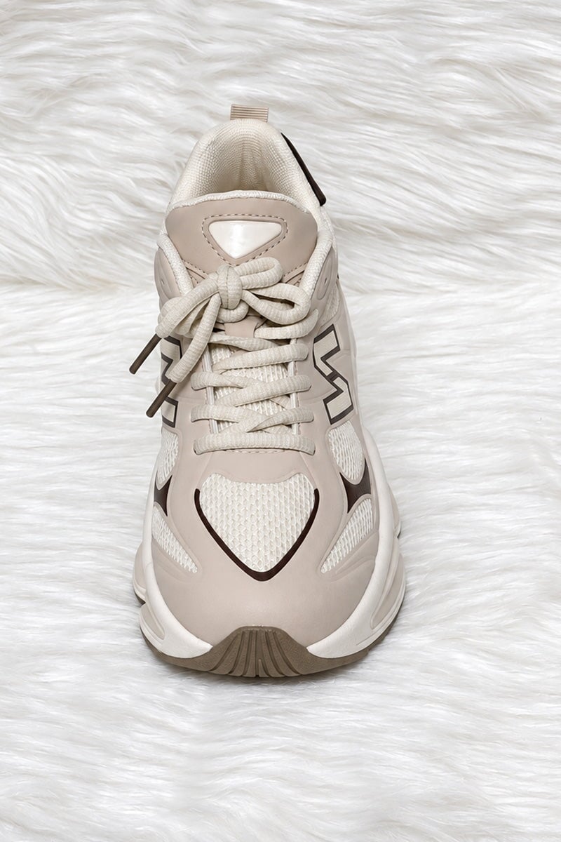 BEIGE AND CHOCOLATE LOGO LACE UP CHUNKY RUNNER STYLE TRAINER