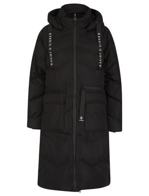 BLACK QUILTED HOODED FLAP POCKET PUFFER COAT