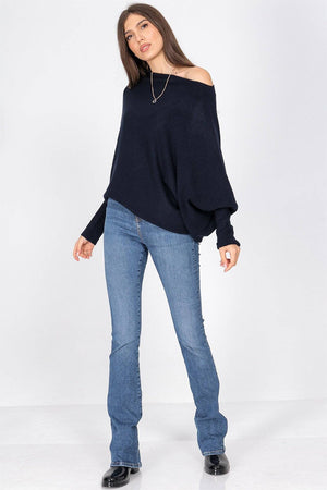 NAVY ASYMMETRIC DRAPED KNIT