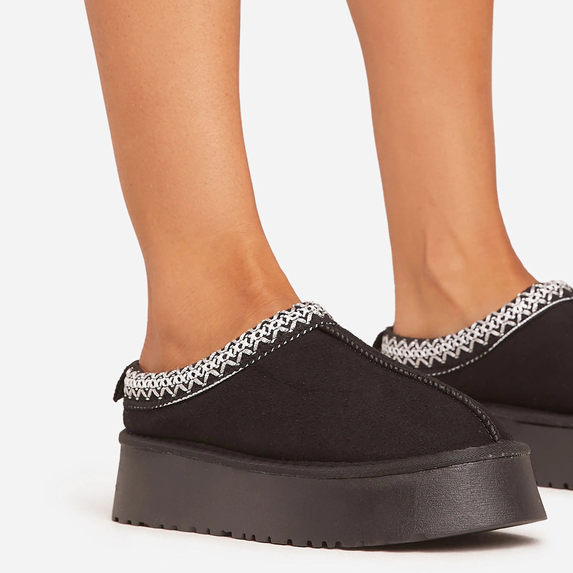 BLACK FAUX SUEDE SLIP ON PLATFORM SLIPPERS