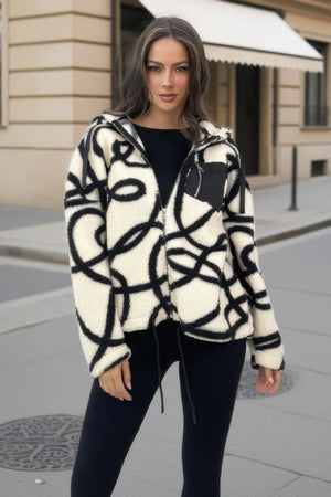 AX PARIS CREAM AND BLACK SWIRL POCKET DETAIL HOODED TEDDY JACKET