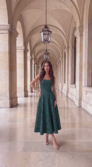 AX PARIS GREEN FLORAL JACQUARD SQUARE NECK A-LINE MIDI DRESS