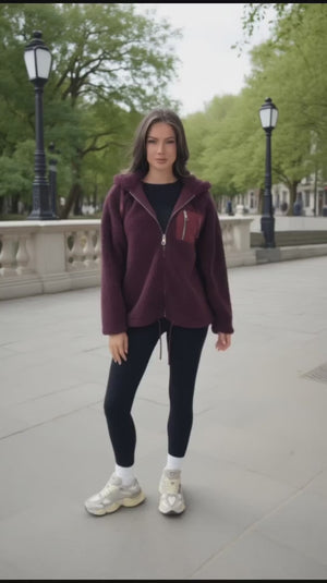 AX PARIS BURGUNDY POCKET DETAIL HOODED TEDDY JACKET