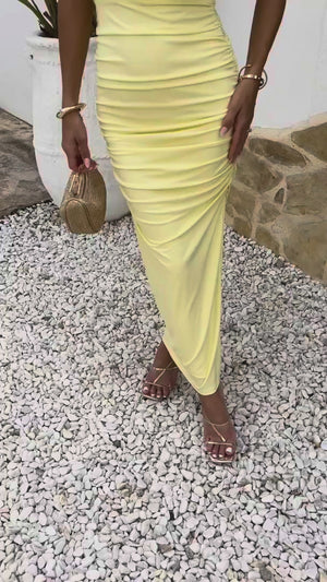 AX PARIS SOFT YELLOW OFF THE SHOULDER DRAPED TOP MIDI DRESS