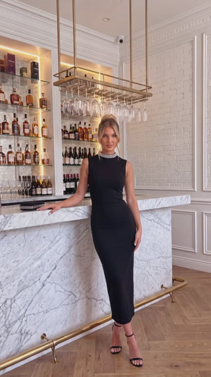 AX PARIS BLACK EMBELLISHED NECKLINE MIDI DRESS