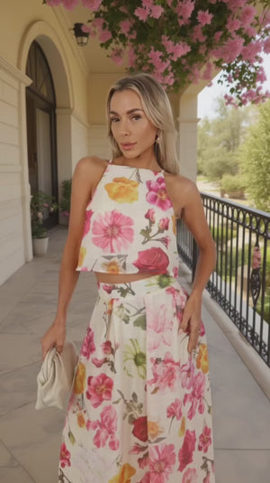 AX PARIS MULTI FLORAL PRINT RACER NECK CROP TOP