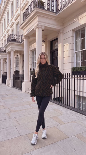 CHOCOLATE AND BLACK ANIMAL PRINT ZIP-UP TEDDY JACKET