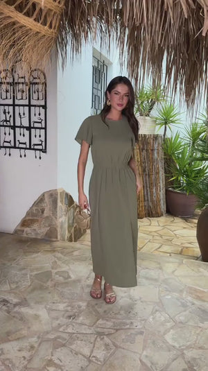 AX PARIS KHAKI FLUTTER SLEEVE SHIRRED WAIST MIDI DRESS