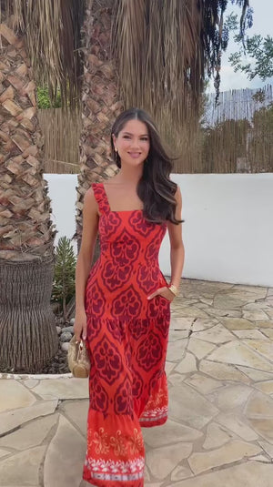 AX PARIS ORANGE BOHO BORDER PRINT FRILL STRAP SMOCK MIDI DRESS