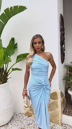 AX PARIS ICE BLUE ONE SHOULDER KNOT SKIRT MIDI DRESS