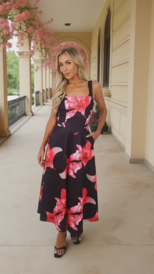 AX PARIS BLACK AND CERISE FLORAL PRINT SQUARE NECK A-LINE MIDI DRESS