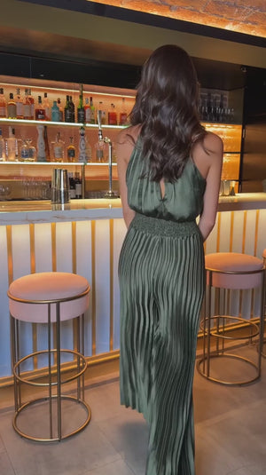 AX PARIS OLIVE HALTER NECK SHIRRED WAIST PLEATED JUMPSUIT