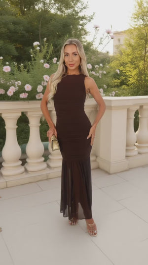 AX PARIS CHOCOLATE RACER NECK FISHTAIL MESH MIDI DRESS