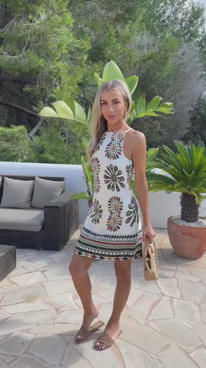 AX PARIS MULTI BOHO BORDER PRINT STRAPPY RACER NECK MINI DRESS