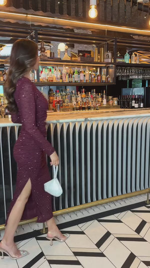 AX PARIS PLUM JACQUARD DIAMANTE LONG SLEEVE CUT OUT MIDI DRESS