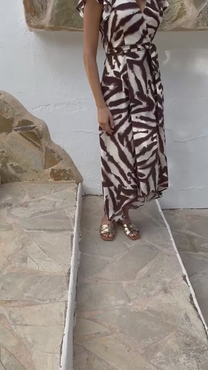 AX PARIS BROWN ANIMAL PRINT BELTED WRAP MIDI DRESS