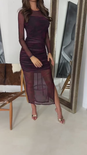 AX PARIS WINE PRINTED MESH OVERLAY LONG SLEEVE BODYCON MIDI DRESS