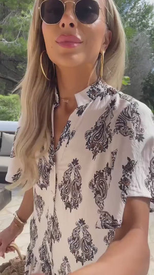 AX PARIS CREAM PAISLEY PRINT BUTTON FRILL HEM MINI DRESS