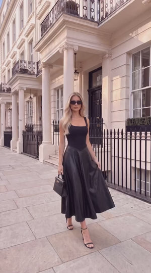 AX PARIS BLACK FAUX LEATHER 2 IN 1 A-LINE MIDI DRESS