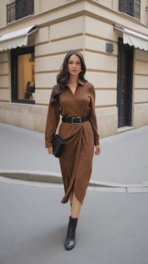 AX PARIS TAN FAUX SUEDE BELTED WRAP SHIRT MIDI DRESS
