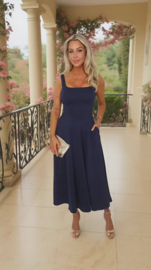 AX PARIS NAVY SQUARE NECK A-LINE MIDI DRESS