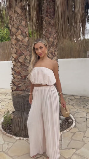 AX PARIS STONE PLEATED PUFF BALL TOP AND PALAZZO TROUSER CO-ORD