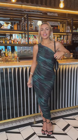 AX PARIS TEAL AND BLACK SMUDGE PRINT MESH ONE SHOULDER ASYMMETRIC HEM MIDI DRESS