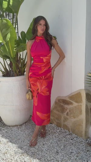AX PARIS PINK AND ORANGE FLORAL PRINT HALTER NECK DRESS