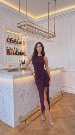 AX PARIS PLUM RUCHED ASYMMETRIC HEM MIDI DRESS