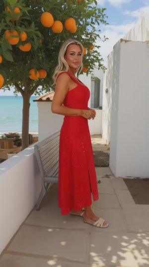 AX PARIS RED BRODERIE SHIRRED STRAPS BUTTON DETAIL MIDI DRESS