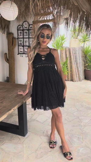 AX PARIS BLACK OPEN CROCHET TOP EMBROIDERED SKIRT MINI DRESS