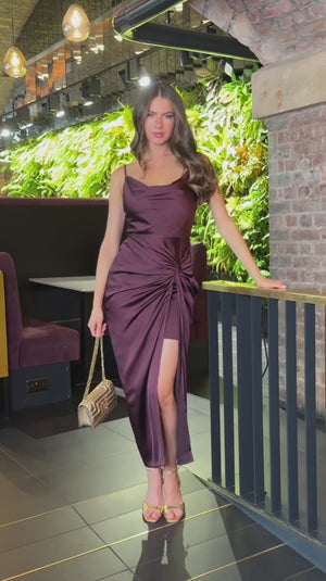 AX PARIS DARK PLUM SATIN COWL NECK KNOT SKIRT MIDI DRESS