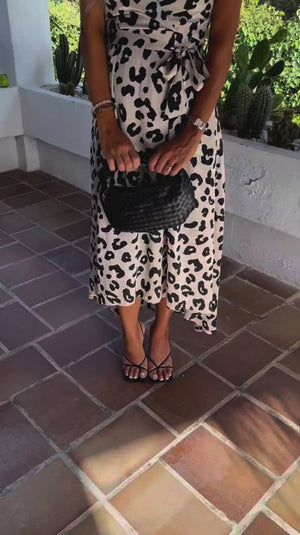 AX PARIS BLACK AND CREAM LEOPRAD PRINT SHORT SLEEVE BELTED WRAP MIDI DRESS