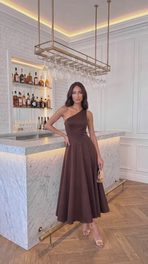 AX PARIS CHOCOLATE ONE SHOULDER A-LINE MIDI DRESS