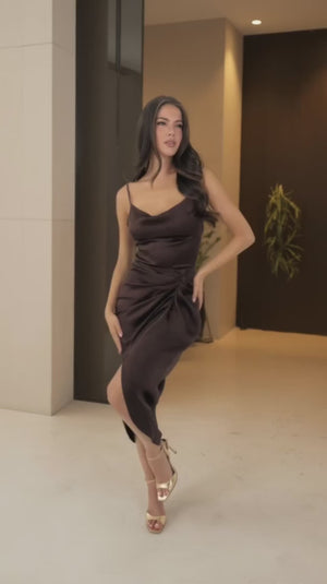 AX PARIS CHOCOLATE SATIN STRAPPY COWL NECK GATHERED SKIRT MIDI DRESS