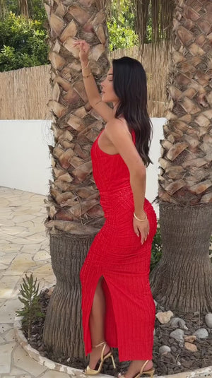 AX PARIS BLOOD ORANGE TEXTURED STRAPPY RACER NECK MIDI DRESS