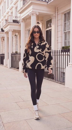 AX PARIS BLACK AND BEIGE SWIRL PRINT TEDDY 1/4 ZIP SWEATSHIRT