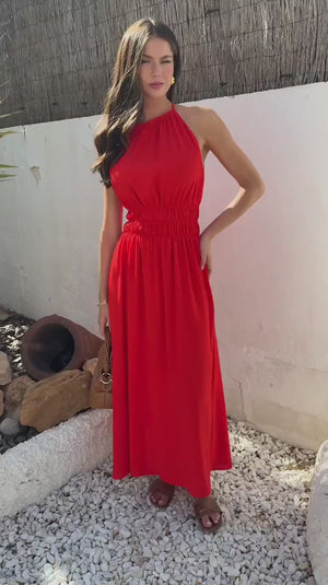 AX PARIS BURNT ORANGE TIE RACER NECK SHIRRED WAIST MIDI DRESS