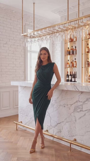 AX PARIS FOREST GREEN DRAPED TOP WRAP MIDI DRESS