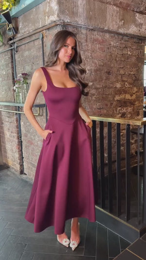 AX PARIS PLUM SQUARE NECK A-LINE MIDI DRESS