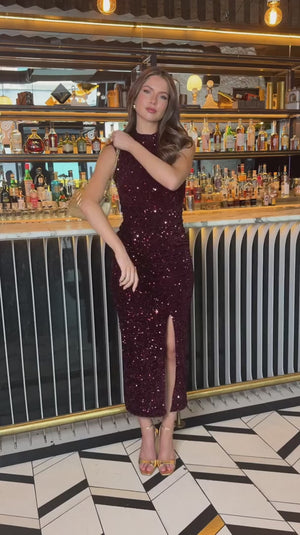 AX PARIS WINE VELVET SEQUIN HIGH NECK SPLIT LEG MIDI DRESS