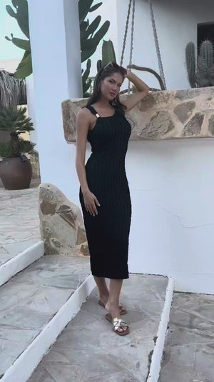AX PARIS BLACK TEXTURED ASYMMETRIC NECKLINE BODYCON MIDI DRESS