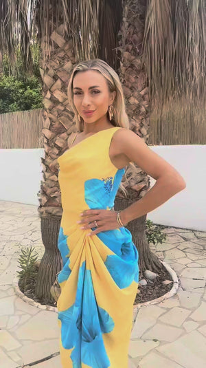 AX PARIS YELLOW AND BLUE FLORAL PRINT STRAP DETAIL GATHERED MIDI DRESS