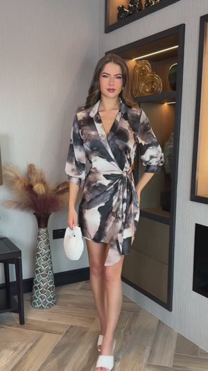 AX PARIS MULTI MARBLE PRINT GATHERED WRAP SHIRT MINI DRESS