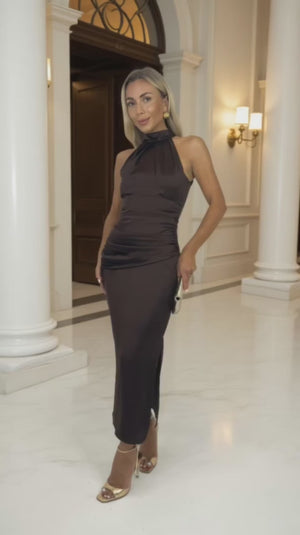 AX PARIS CHOCOLATE HALTER NECK DRAPED WAIST MIDI DRESS
