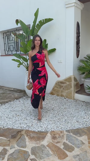 AX PARIS BLACK AND CORAL RED FLORAL PRINT ONE SHOULDER O-RING MIDI DRESS