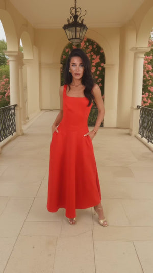 AX PARIS BLOOD ORANGE SQUARE NECK A-LINE MIDI DRESS