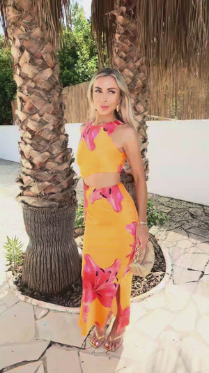 AX PARIS ORANGE AND PINK FLORAL PRINT WAIST CUT OUT MIDI DRESS