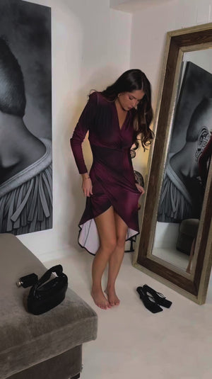 AX PARIS WINE LONG SLEEVE WRAP MIDI DRESS