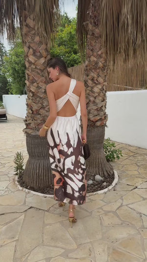 AX PARIS CREAM BUTTERFLY PRINT ONE SHOULDER TWIST BACK MIDI DRESS